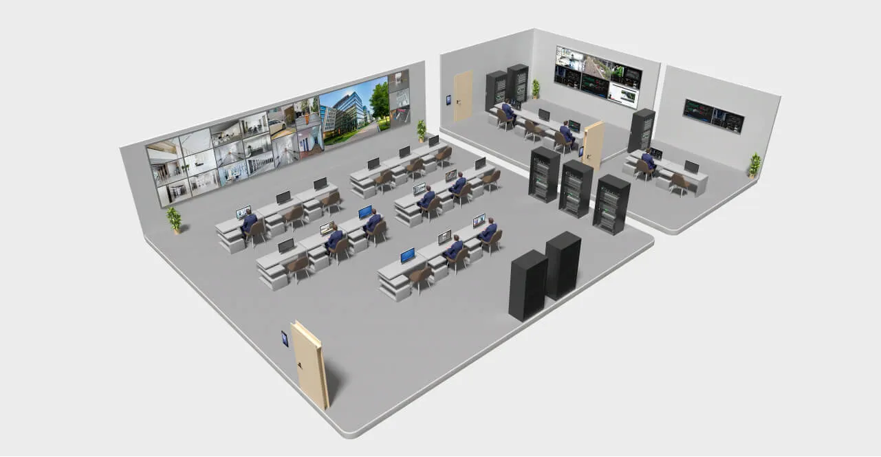 Schéma d'un centre de surveillance moderne avec mur d'images Hikvision